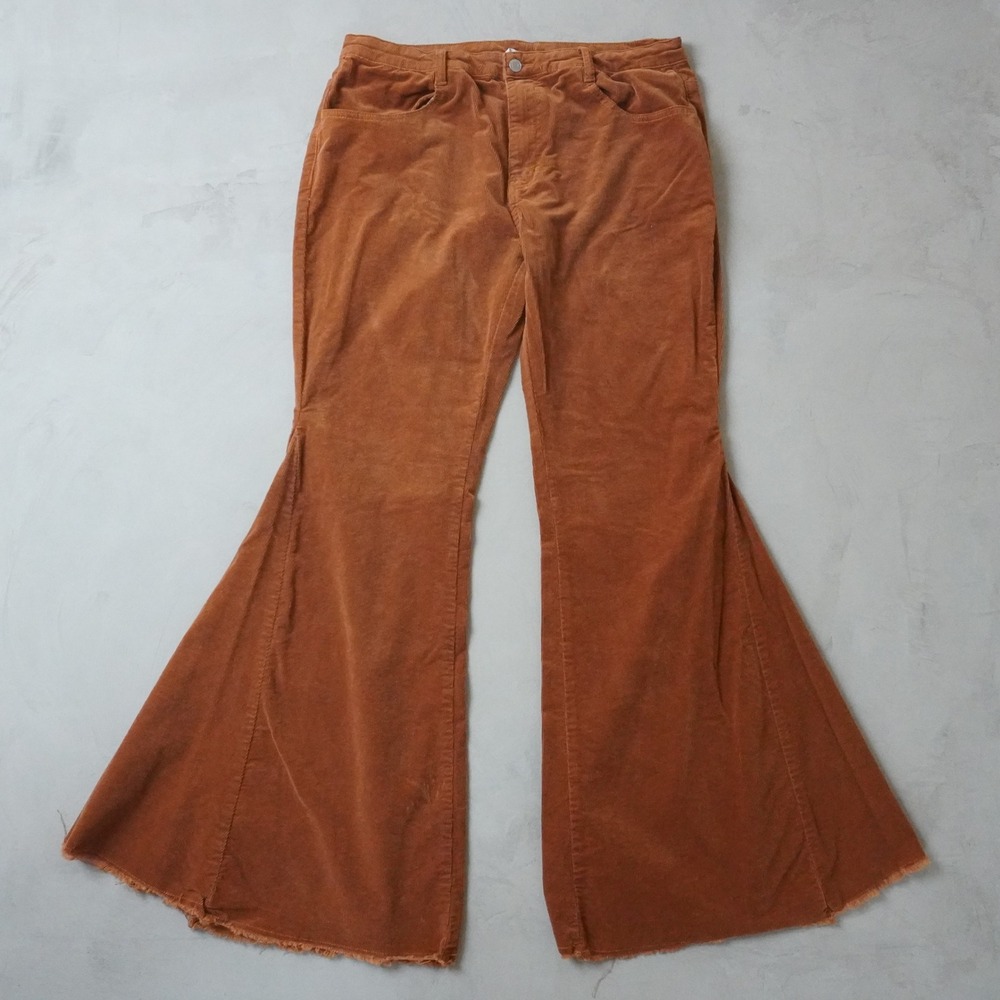 Saints & Hearts Corduroy Bell Bottom Flare Pants 1XL Womens Brown Boho Raw Hem